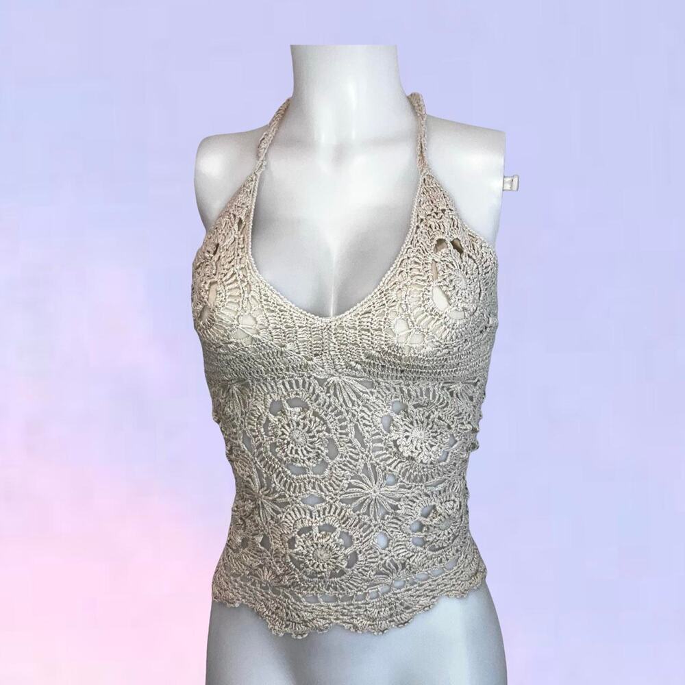 Vintage 90s y2k cotton crochet halter top made in france